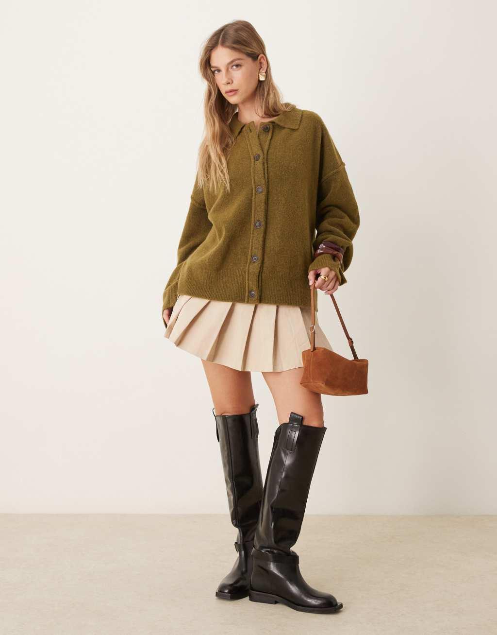 ASOS DESIGN knitted collar shirt cardigan with seam detail in khaki Product Image