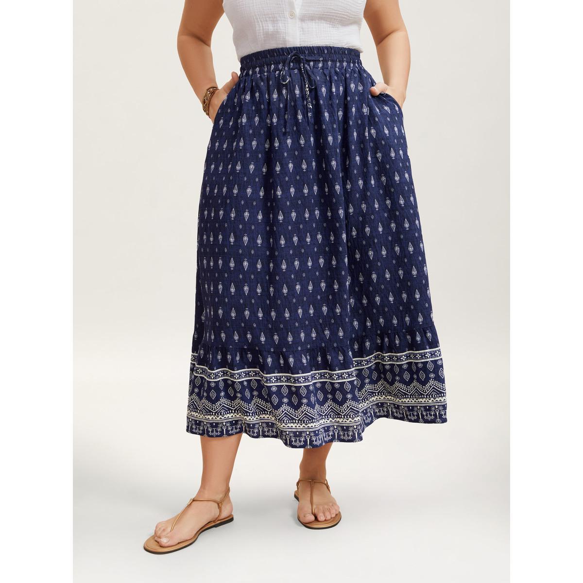 Plus Size Boho Print Pleated Drawstring Midi Skirt Women Indigo Resort Drawstring No stretch Slanted pocket Vacation Skirts BloomChic 30/6X Product Image