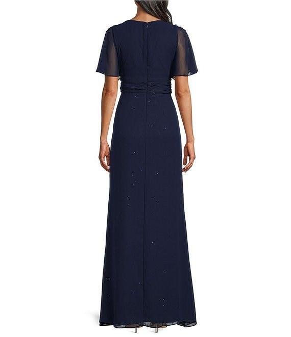 Ignite Evenings Short Flutter Sleeve V-Neck Sequin Lace Detail Front Slit A-Line Gown Product Image