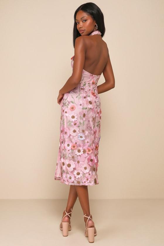 Unique Impression Pink 3D Floral Embroidered Halter Midi Dress Product Image