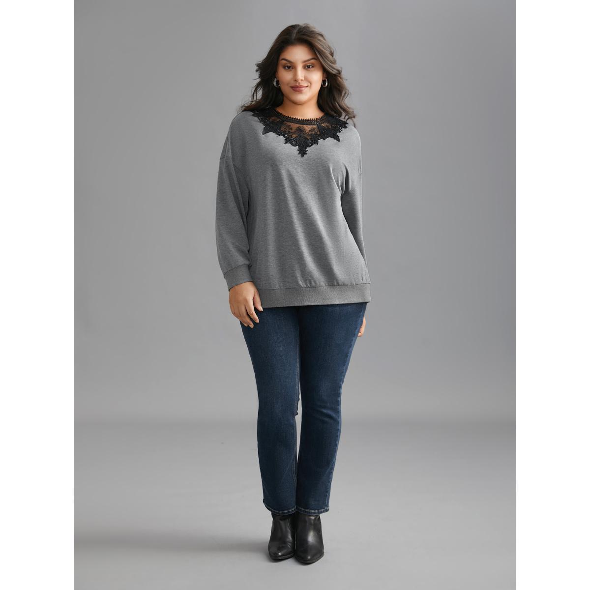 Plus Size Lace Panel Round Neck Contrast Sweatshirt Women DarkGray Elegant Woven ribbon&lace trim Round Neck Everyday Sweatshirts BloomChic 14-16/1X Product Image