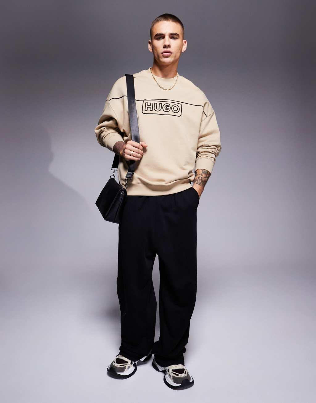 HUGO Blue Noideryos loose fit sweatshirt with line logo in beige Product Image