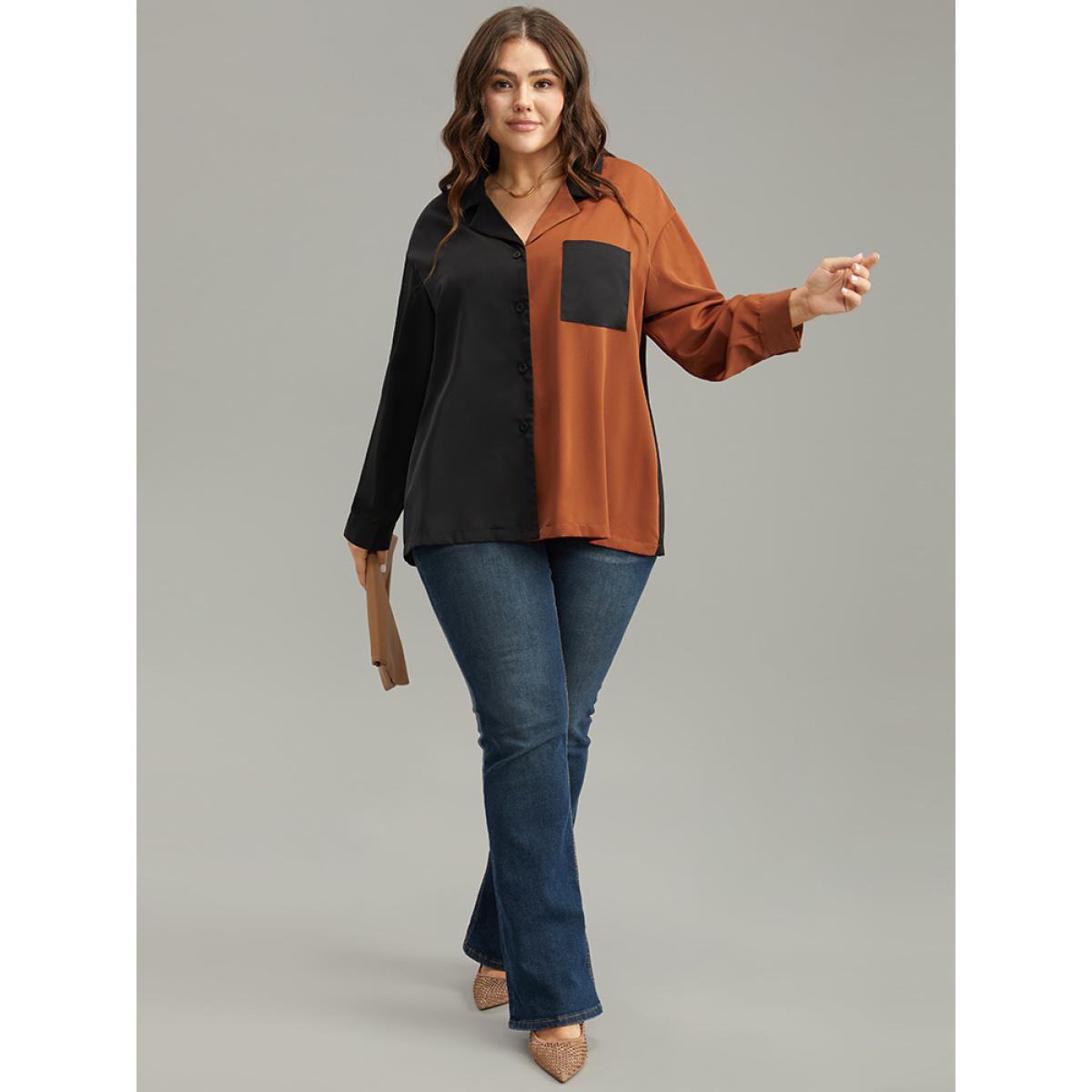 Plus Size Black Anti-Wrinkle Two Tone Patched Pocket Blouse Women Work From Home Long Sleeve Shirt collar Work Blouses BloomChic 28/5X Product Image