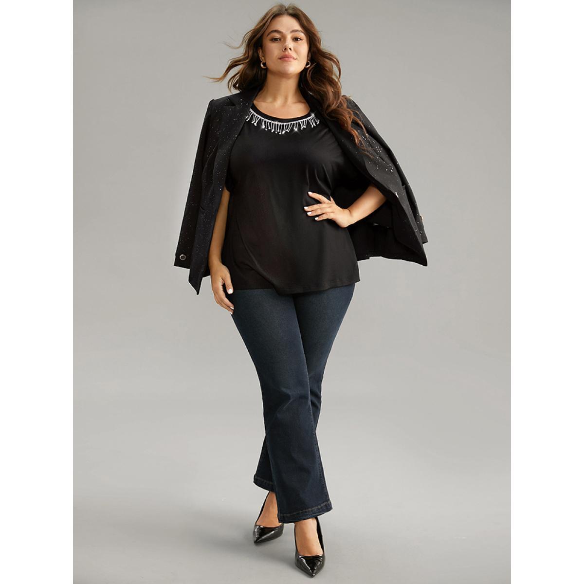 Plus Size Metal Tassel Detail Crew Neck T-shirt Black Women Elegant Tassels Plain Round Neck Dailywear T-shirts BloomChic 14-16/1X Product Image
