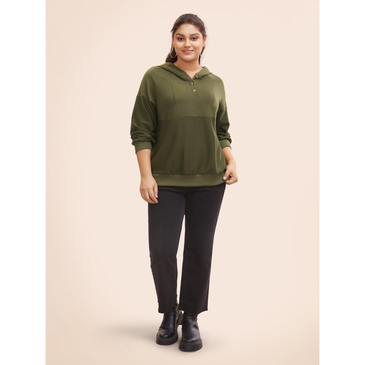 Plus Size Solid Button Up Raglan Sleeve Hooded Sweatshirt Women ArmyGreen Casual Patchwork Hooded Everyday Sweatshirts BloomChic 30/6X Product Image