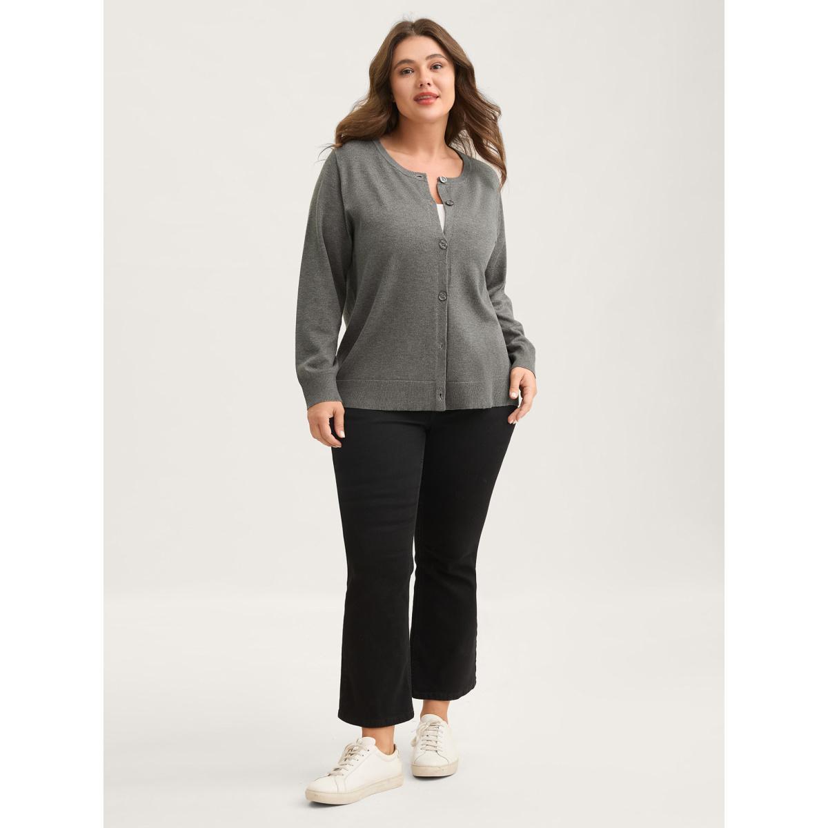Plus Size Supersoft Button Round Neck Lightweight Cardigan DarkGray Women Loose Long Sleeve Everyday-Casual Cardigans BloomChic 28/5X Product Image