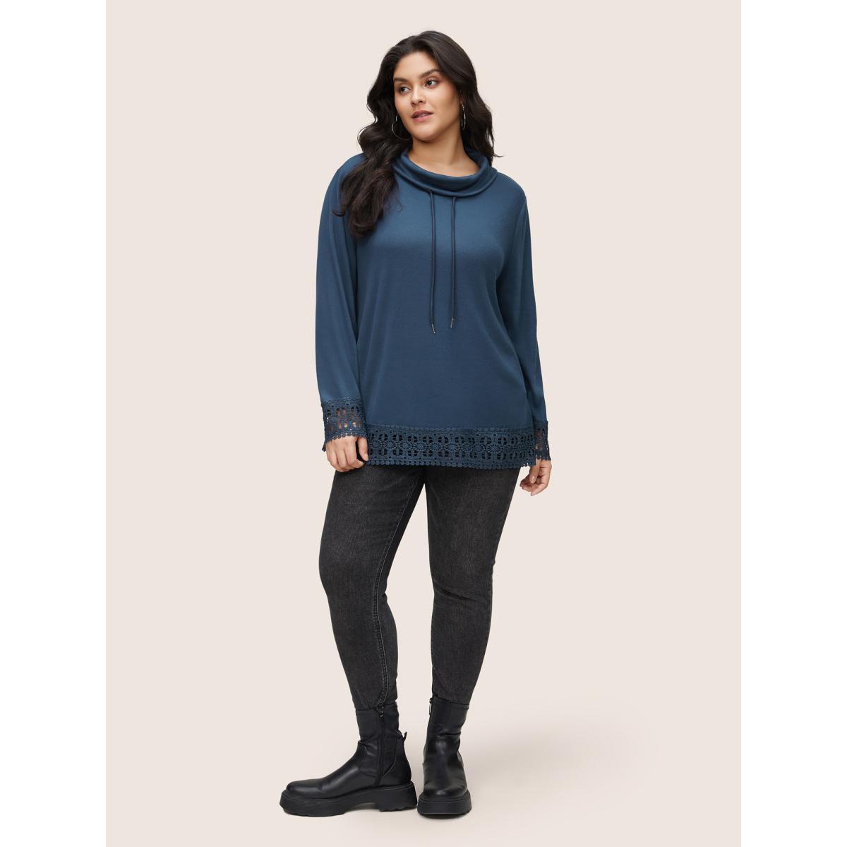 Plus Size Plain Lace Patchwork Lapel Collar Drawstring T-shirt Indigo Women Casual Plain Plain Lapel Collar Dailywear T-shirts BloomChic 28/5X Product Image