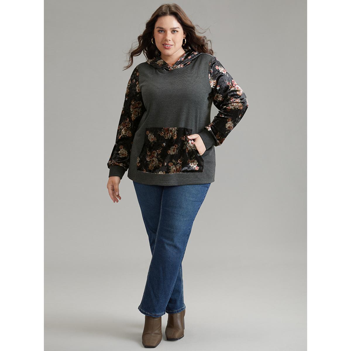 Plus Size Velvet Patchwork Floral Print Kangaroo Pocket Sweatshirt Women DimGray Elegant Velvet Hooded Dailywear Sweatshirts BloomChic 22-24/3X Product Image