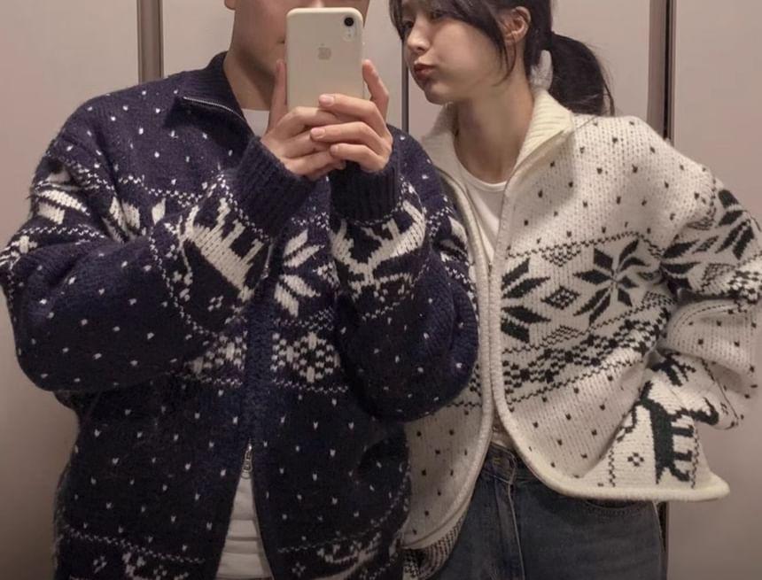 Couple Matching Snowflake Print Zip Cardigan Product Image