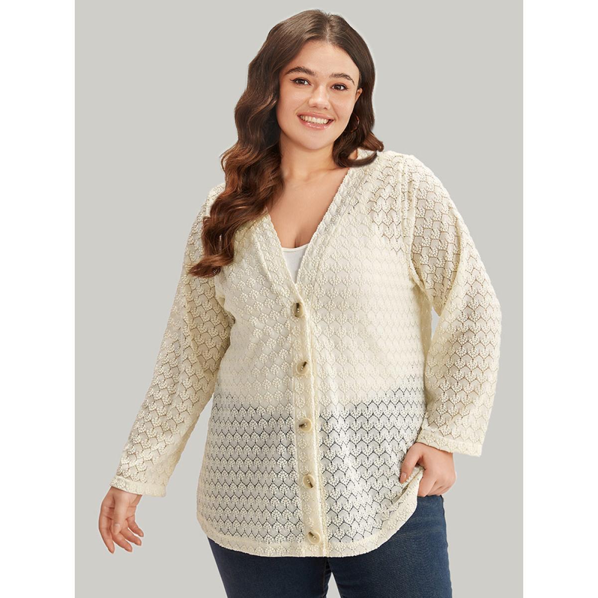 Plus Size Geometric Lace Hollow Out Button Through Jacket Women Beige Casual Plain Ladies Dailywear Winter Coats BloomChic 28/5X Product Image