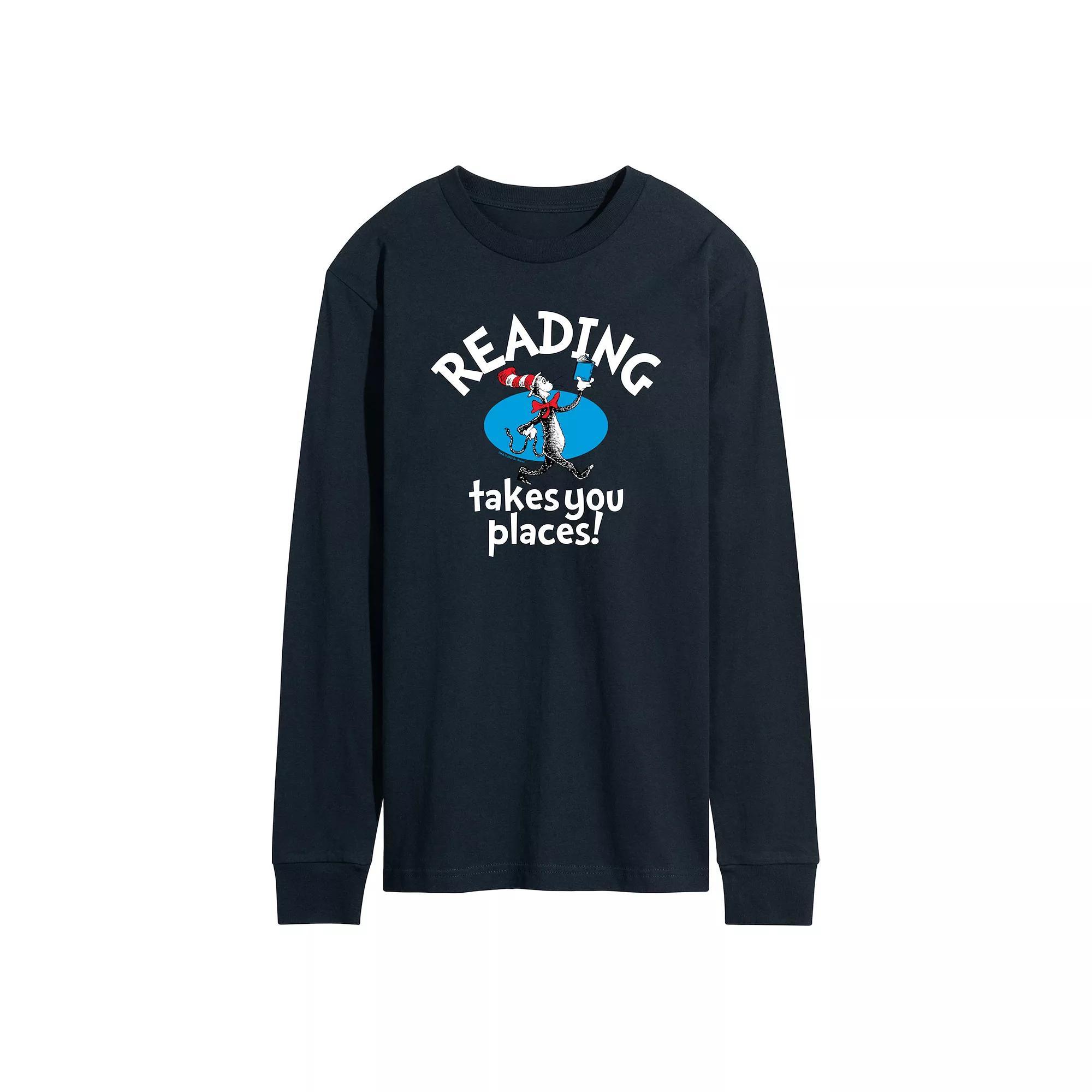 Mens Dr. Seuss The Cat in the Hat Reading Takes You Places Long Sleeve Graphic Tee Blue Product Image