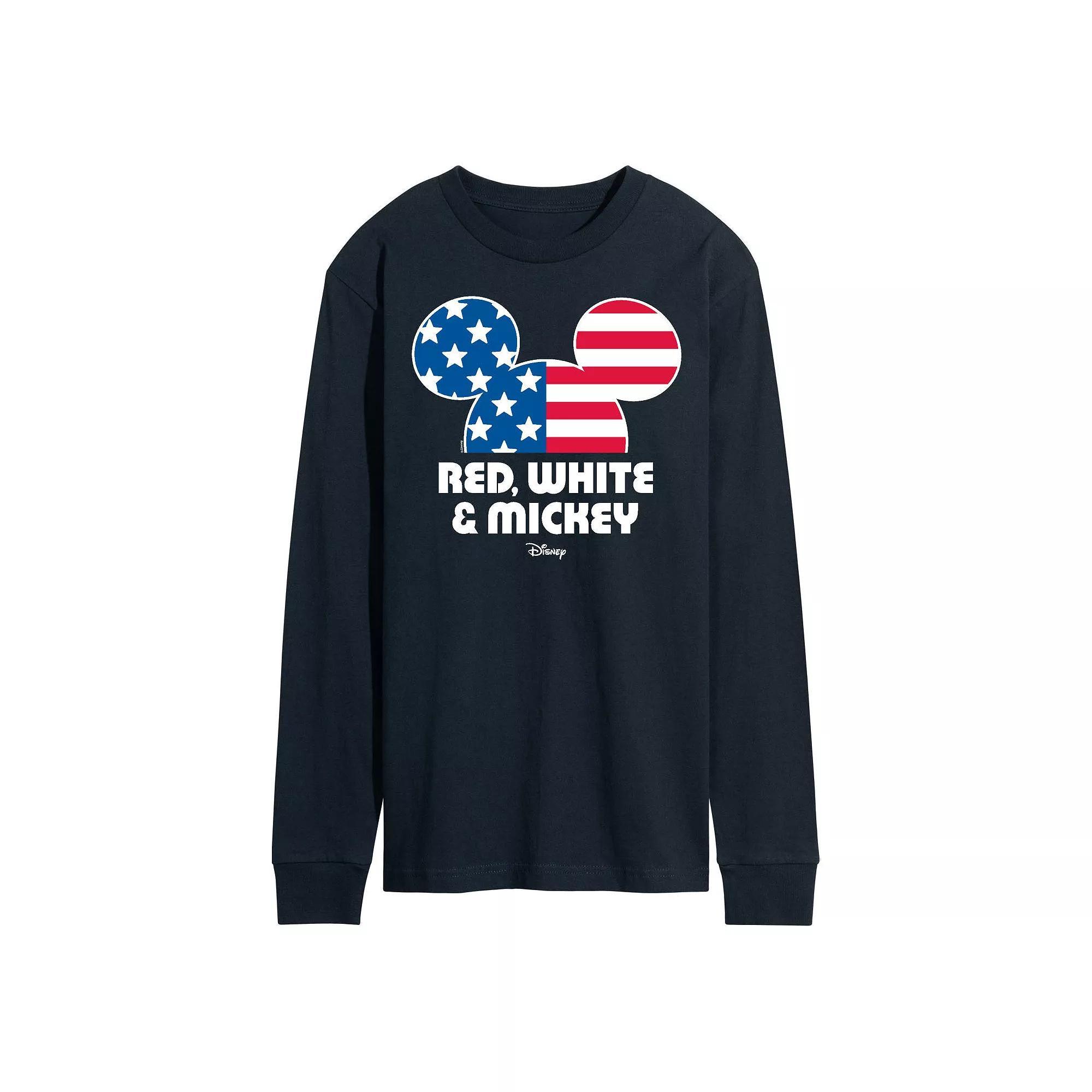 Disneys Mens Red White & Mickey Long Sleeve Graphic Tee Product Image