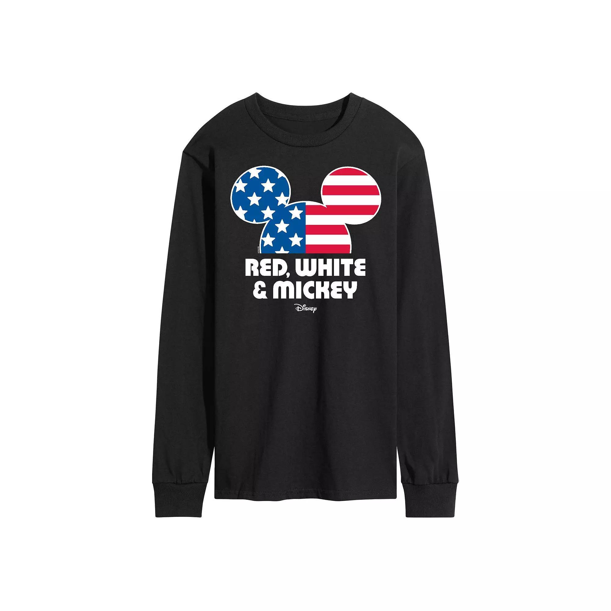 Disneys Mens Red White & Mickey Long Sleeve Graphic Tee Product Image
