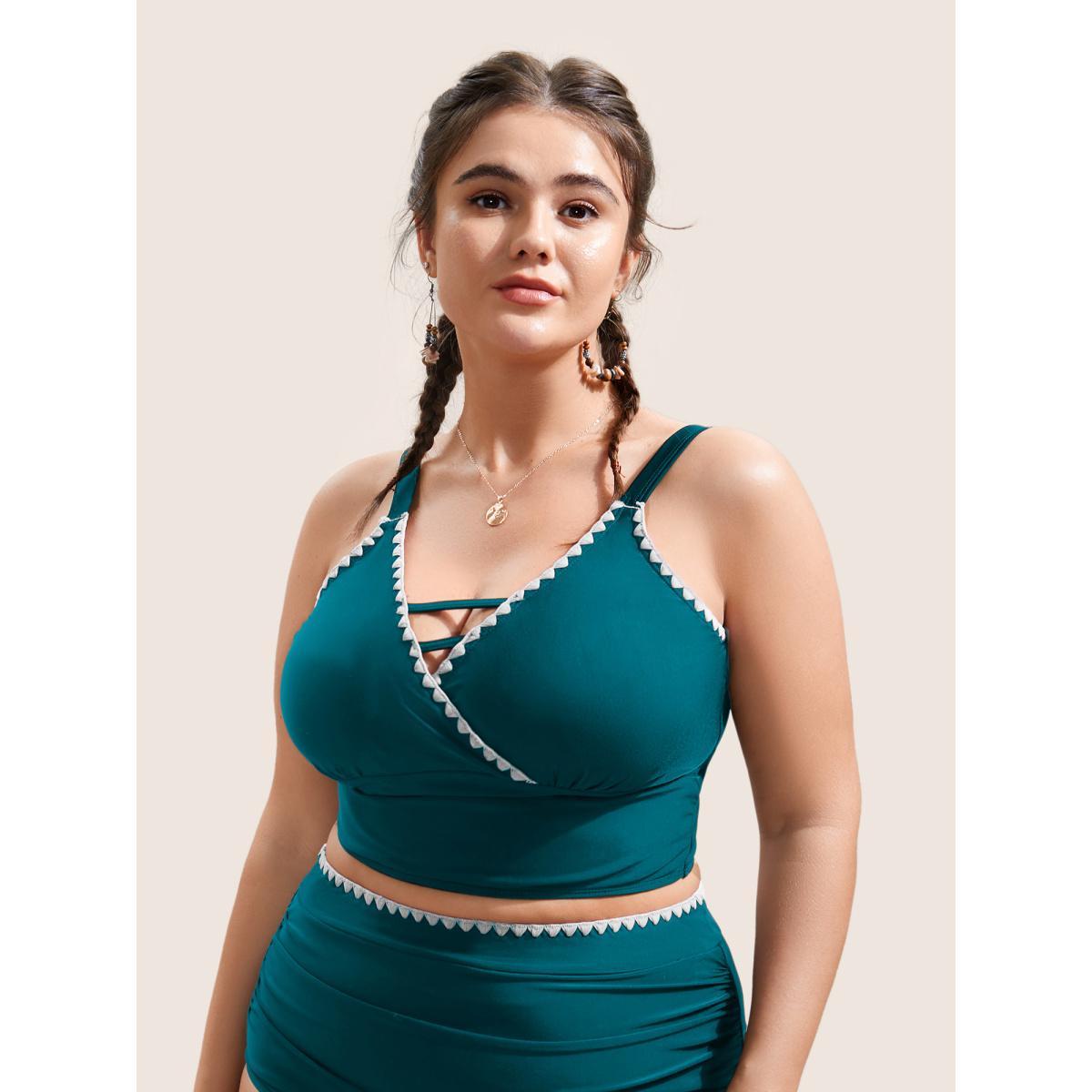Plus Size Shell Stitch Hollow Out Warp Swim Top Women's Swimwear Black Beach Non High stretch Skinny V-neck Curve Swim Tops BloomChic 26/4X Product Image