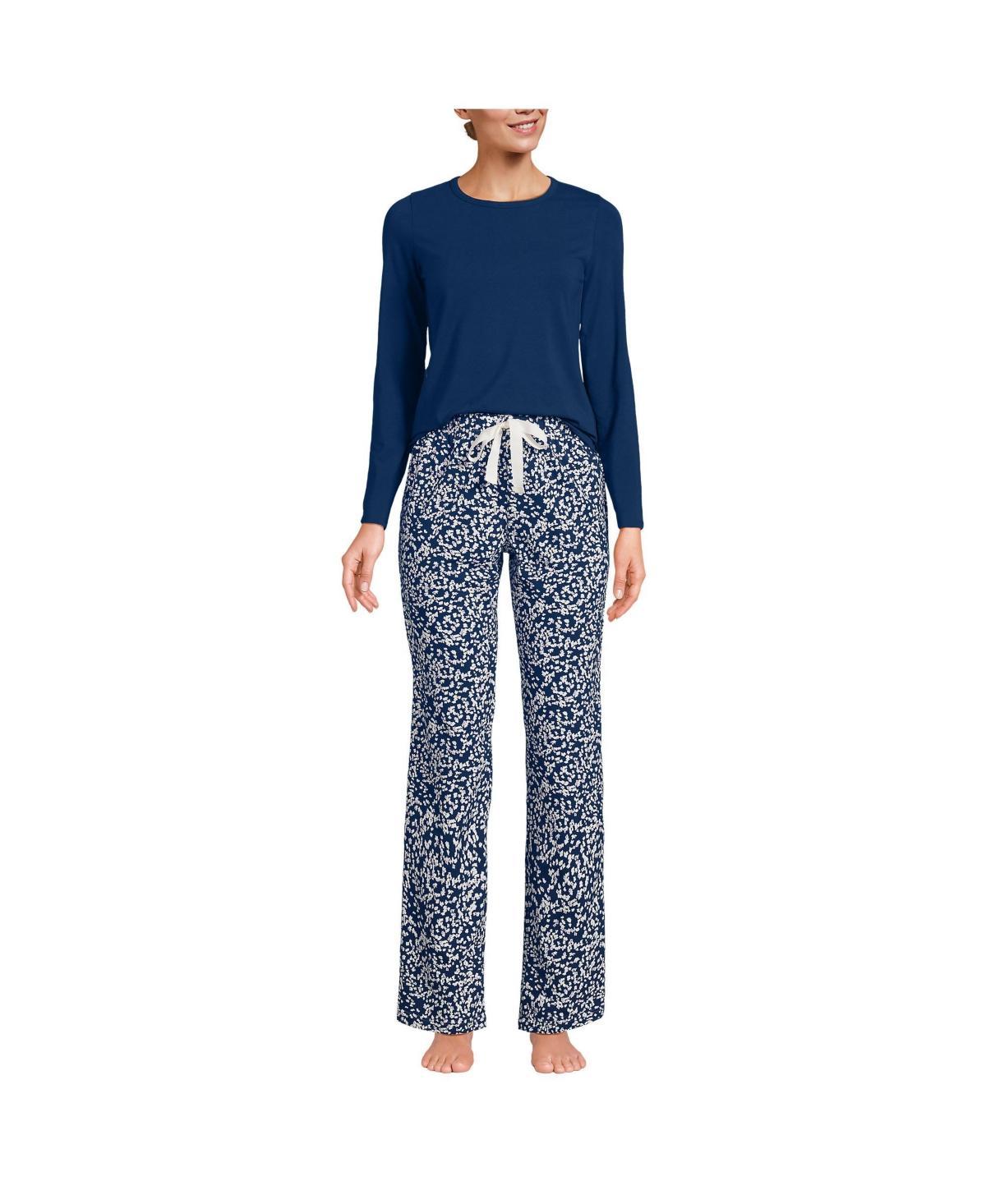 Petite Lands End Womens Knit Long Sleeve Pajama Top & Pajama Pants Sleep Set Green Mini Floral Product Image
