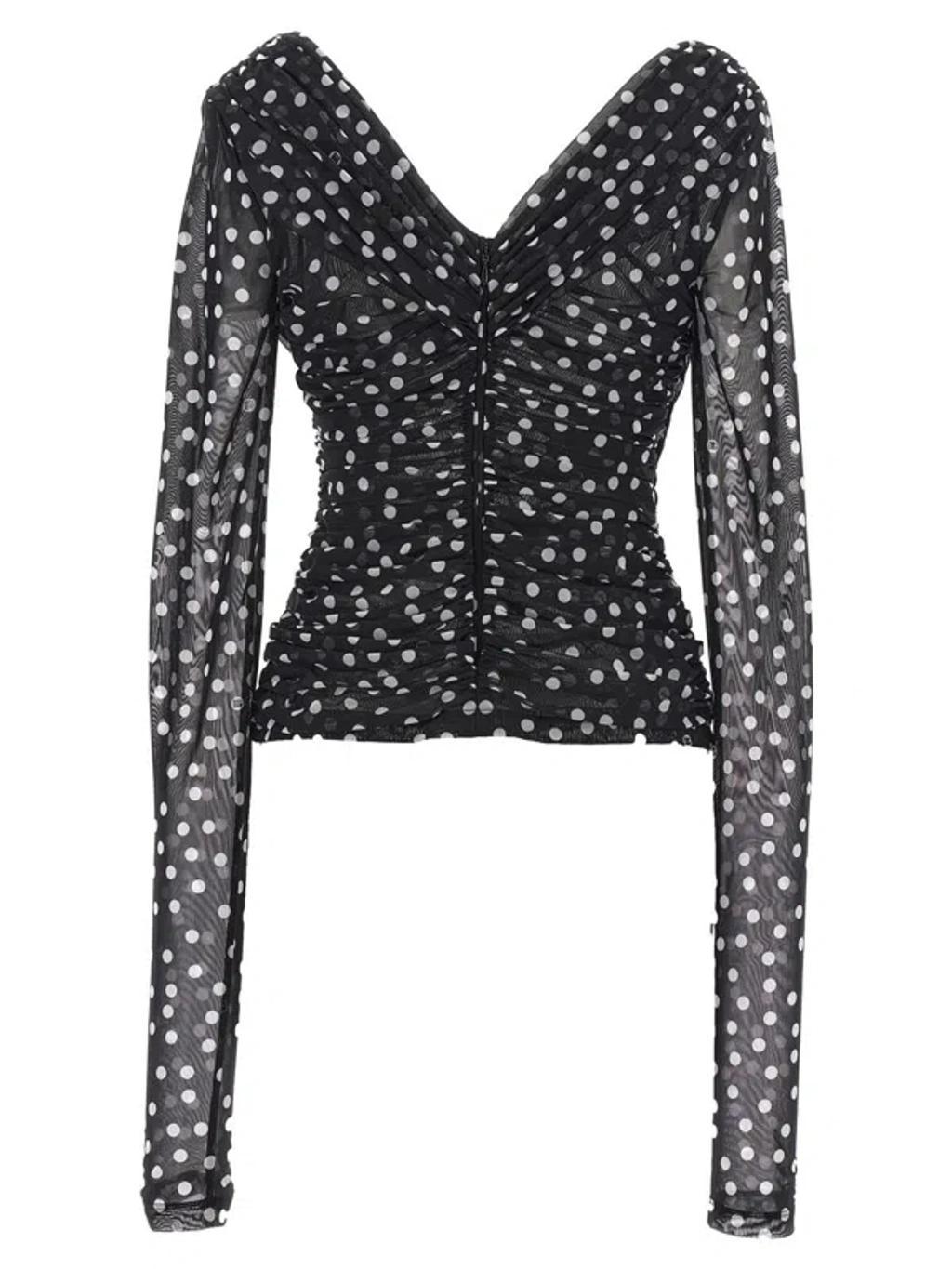 DOLCE & GABBANA Dolce&gabbana Polka Dot Ruched Tulle Top In Weiss Product Image