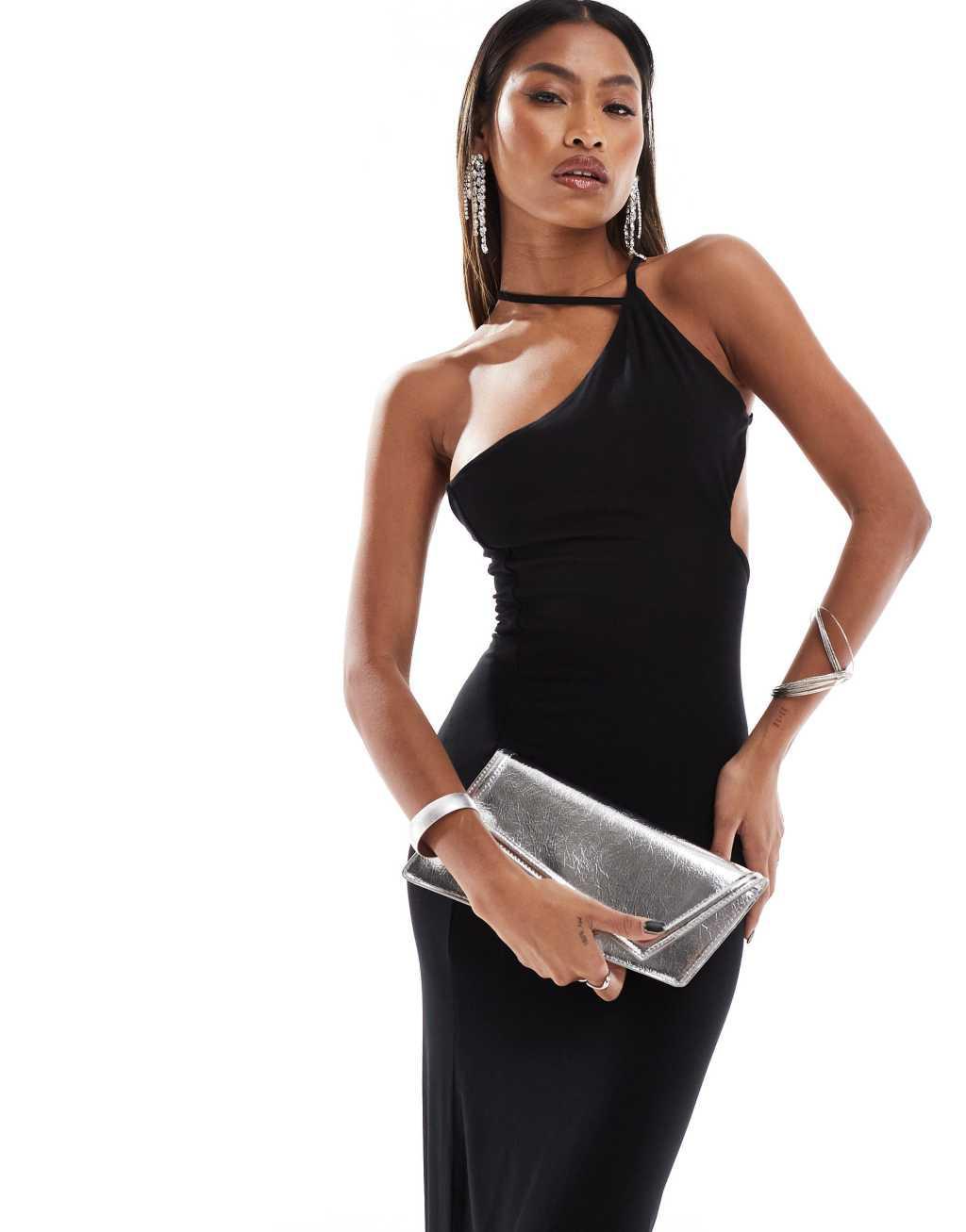 ASOS DESIGN one shoulder midi dress with curved cut-outs in black Product Image