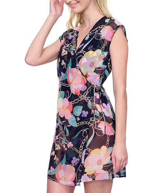 Gottex Semi Sheer Floral Print Surplice V-Neck Cap Sleeve Tie Waist Wrap Dress Swim Cover-Up Product Image