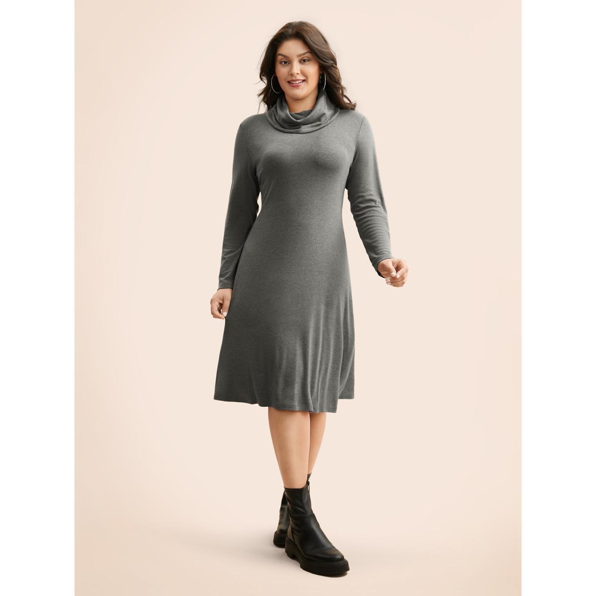 Plus Size Solid Turtleneck High Stretch Dress DimGray Women Casual Non Turtleneck Long Sleeve Curvy BloomChic 14-16/1X Product Image