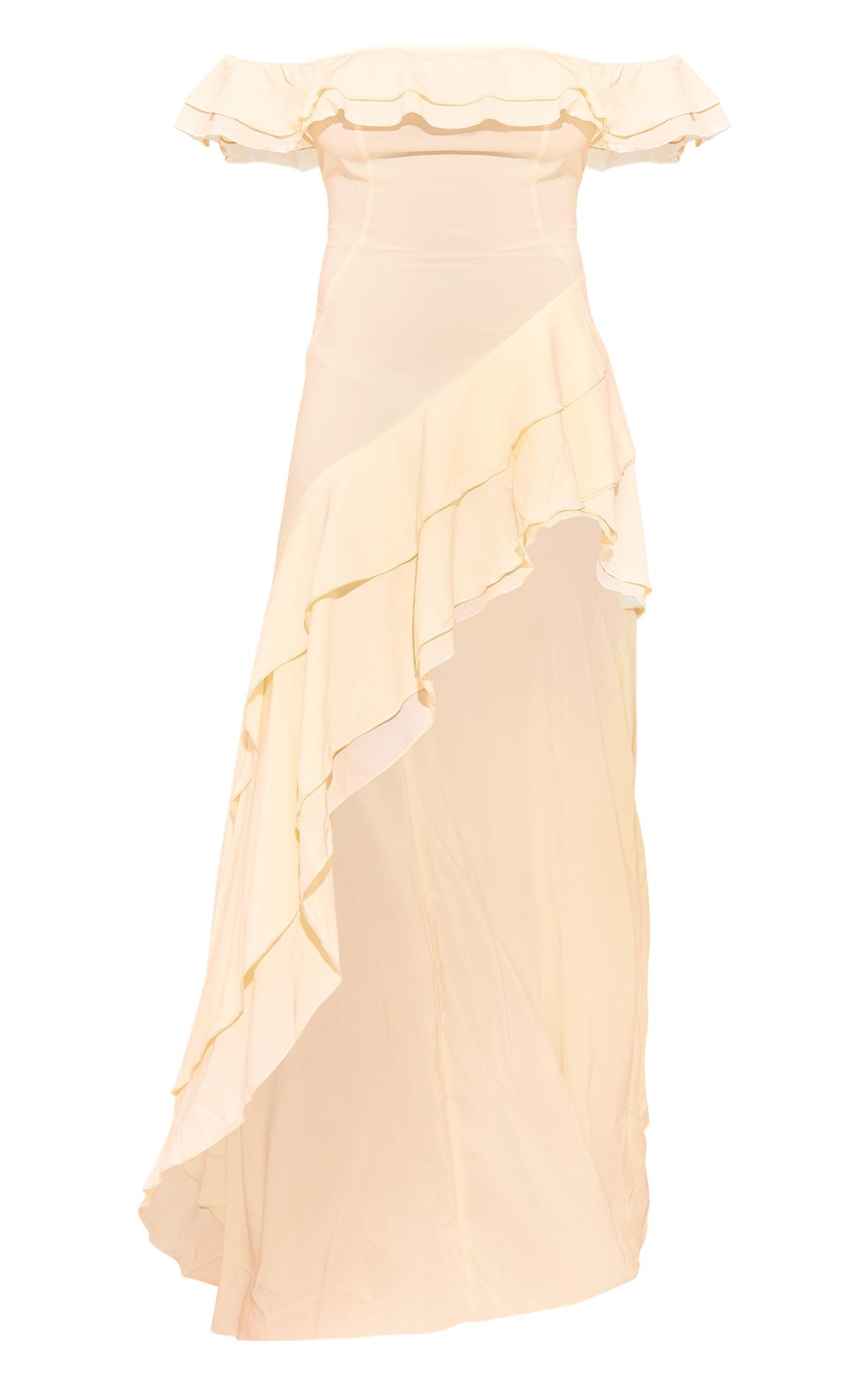 Butter Cream Bardot Ruffle Detail Midi Dress Product Image