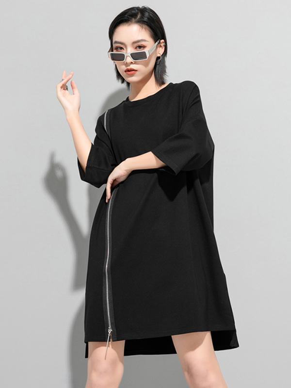 Original Black Zipper Batwing Sleeve Round-Neck Mini Dress Product Image