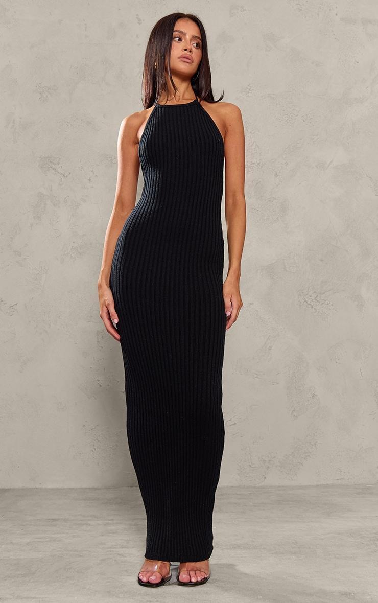 Petite Black Knitted Open Back Maxi Dress Product Image