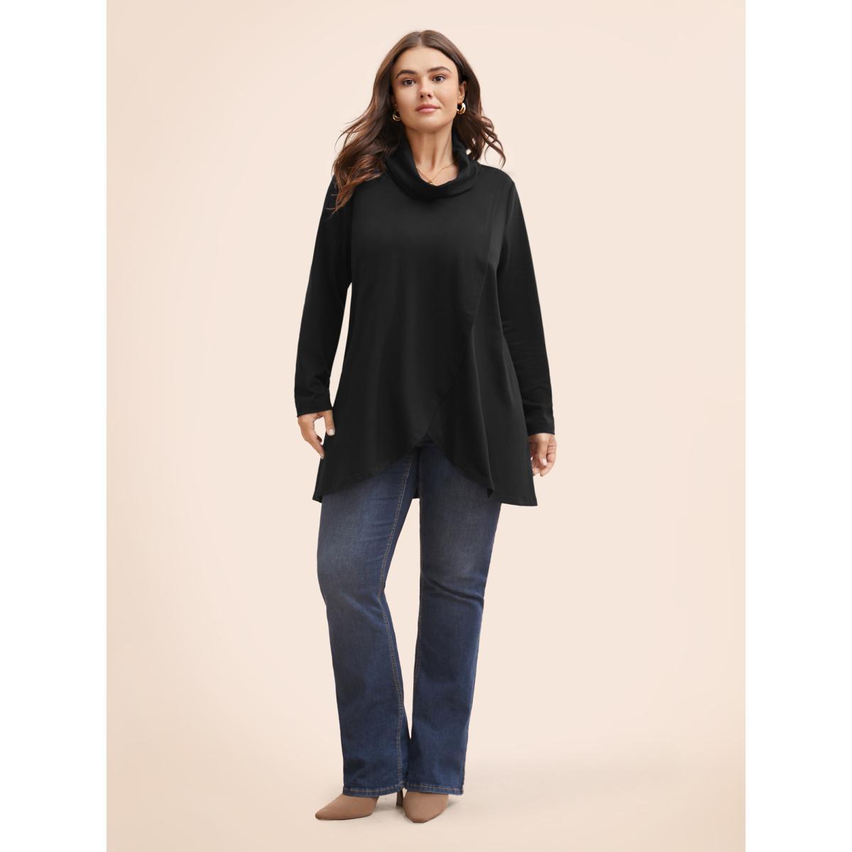 Plus Size Plain Wrap Hem Turtleneck Sweatshirt Women Black Elegant Wrap Turtleneck Dailywear Sweatshirts BloomChic 22-24/3X Product Image