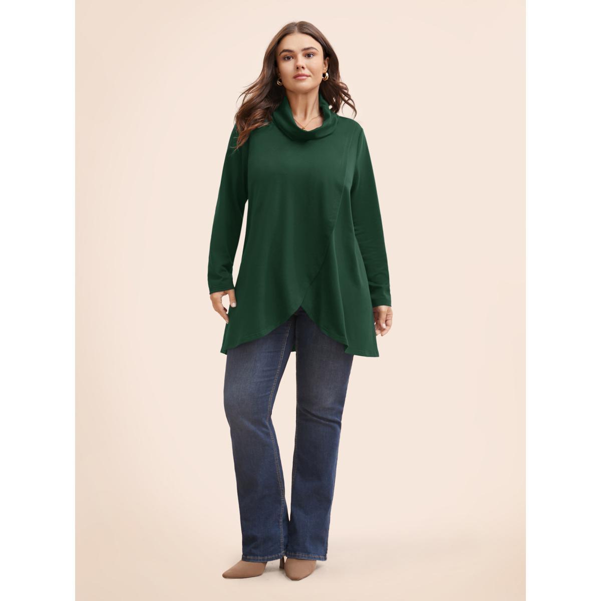 Plus Size Plain Wrap Hem Turtleneck Sweatshirt Women Cyan Elegant Wrap Turtleneck Dailywear Sweatshirts BloomChic 22-24/3X Product Image