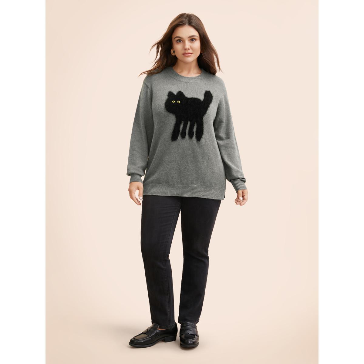 Plus Size Supersoft Essentials Cat Slit Hem Pullover Mediumgray Women Casual Long Sleeve Round Neck Everyday Pullovers BloomChic 22-24/3X Product Image