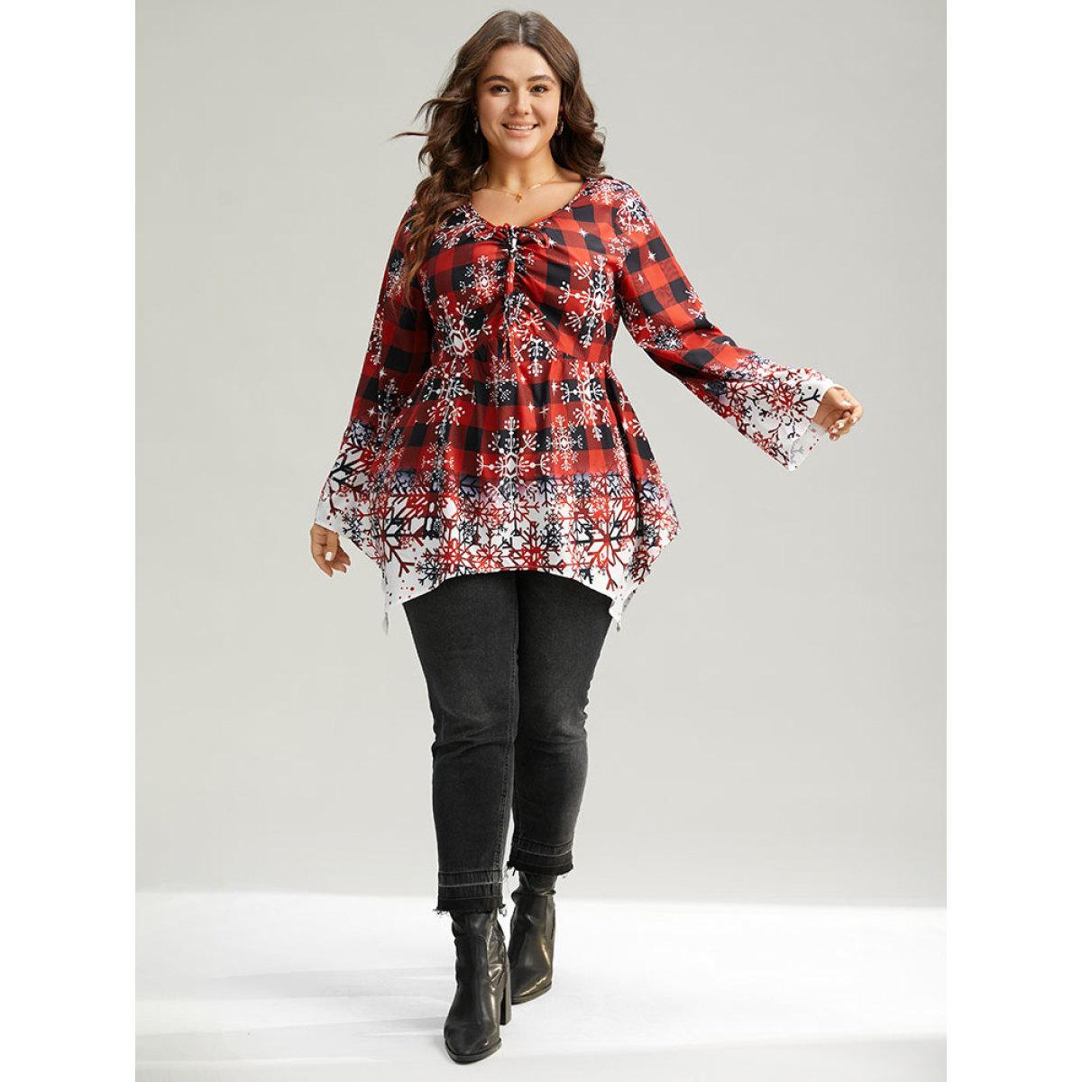 Plus Size Scarlet Oh-so-Chilly Plaid Ties Hanky Hem Blouse Women Elegant Long Sleeve V-neck Festival-Christmas Blouses BloomChic 12/L Product Image