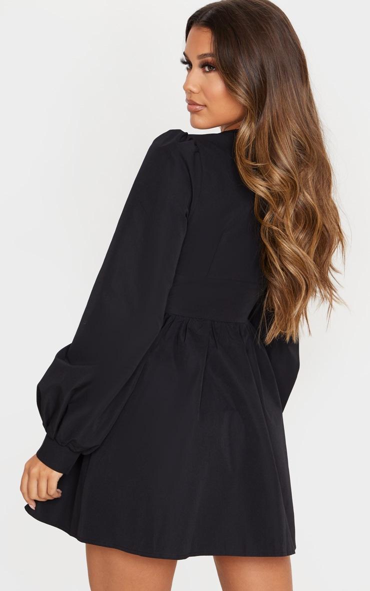 Black Button Front Fitted Puff Sleeve Skater Dress Product Image