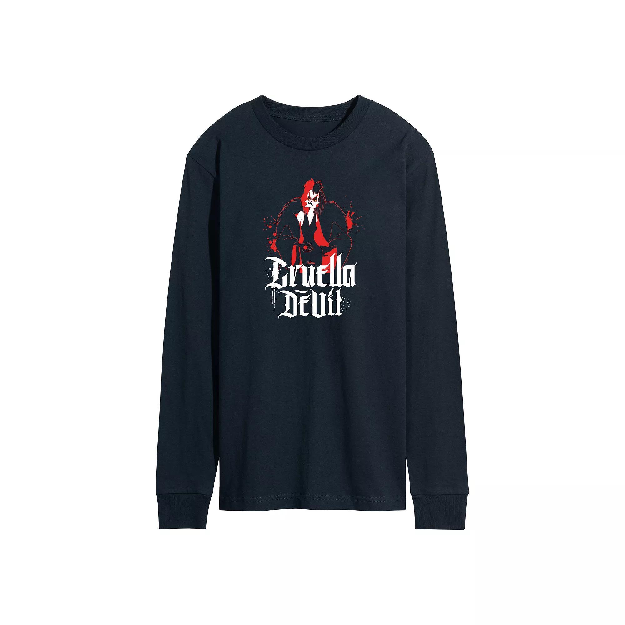 Disney Villains Cruella Mens Long Sleeve Graphic Tee Blue Product Image