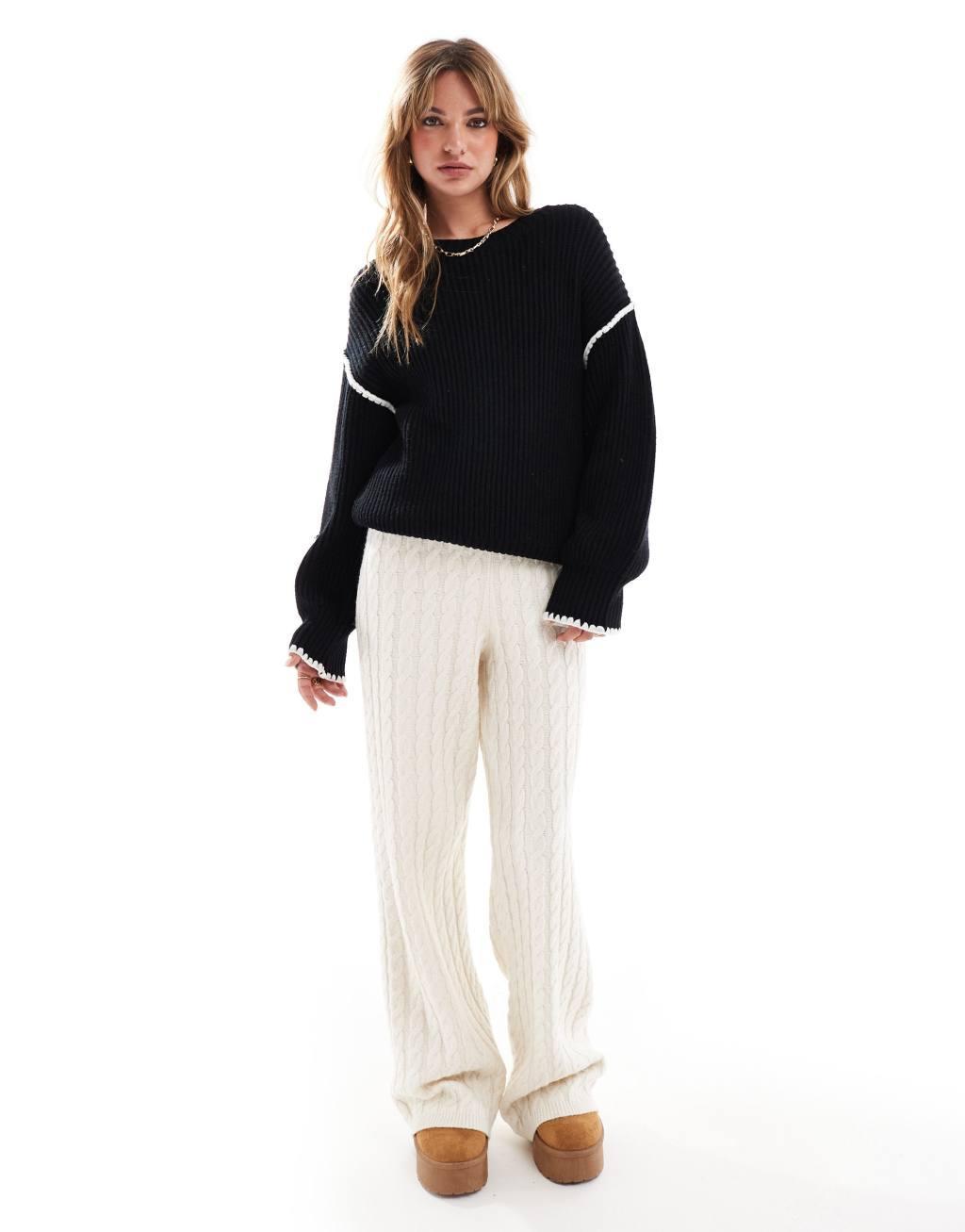 4th & Reckless contrast stitch dropped shoulder sweater in black Product Image