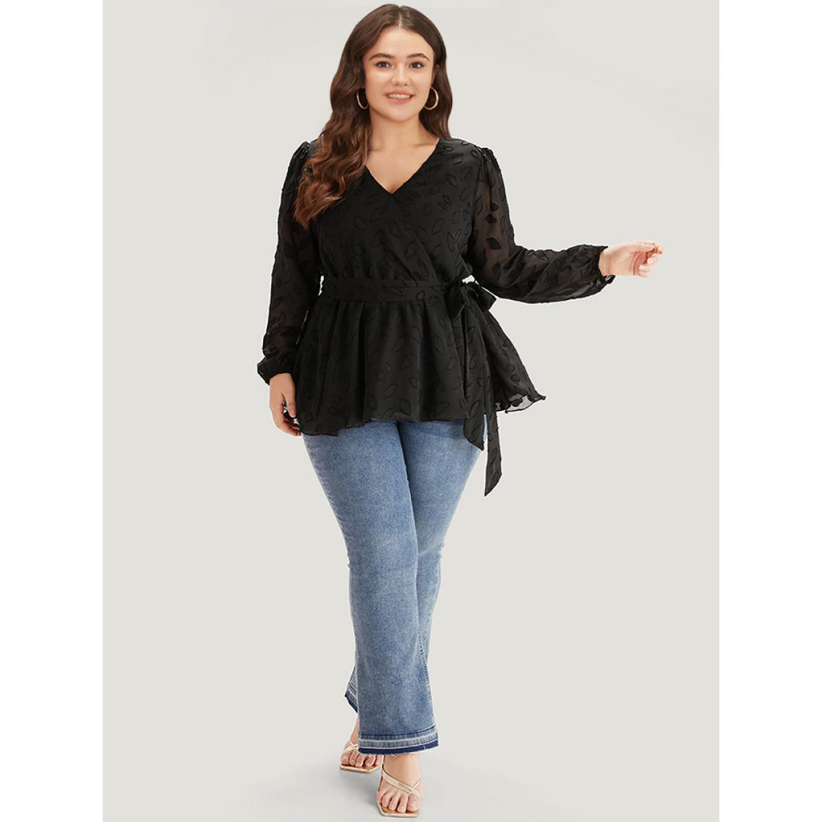 Plus Size Black Crochet Mesh Belted Gathered Wrap Lantern Sleeve Blouse Women Elegant Long Sleeve V-neck Dailywear Blouses BloomChic 10/M Product Image