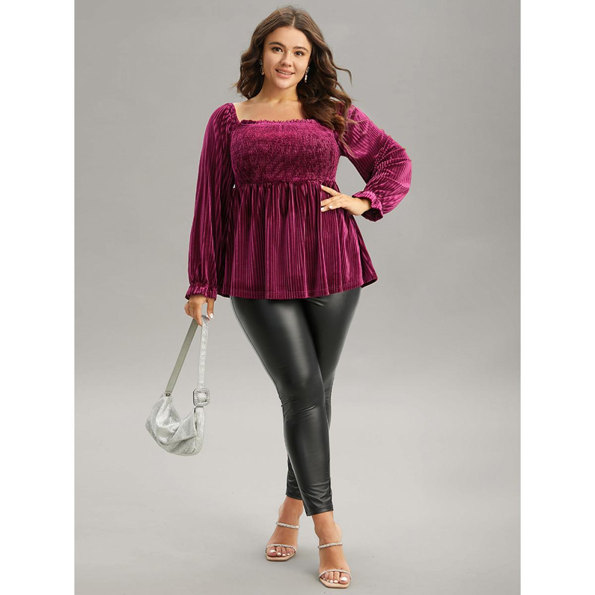 Plus Size RedViolet Velvet Frill Trim Shirred Square Neck Blouse Women Glamour Long Sleeve Square Neck Party Blouses BloomChic 18-20/2X Product Image