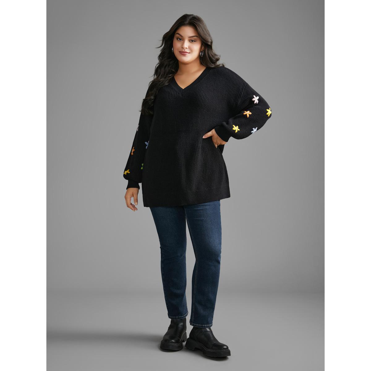 Plus Size V Neck Crochet Floral Drop Shoulder Pullover Black Women Casual Loose Long Sleeve V-neck Everyday Pullovers BloomChic 22-24/3X Product Image