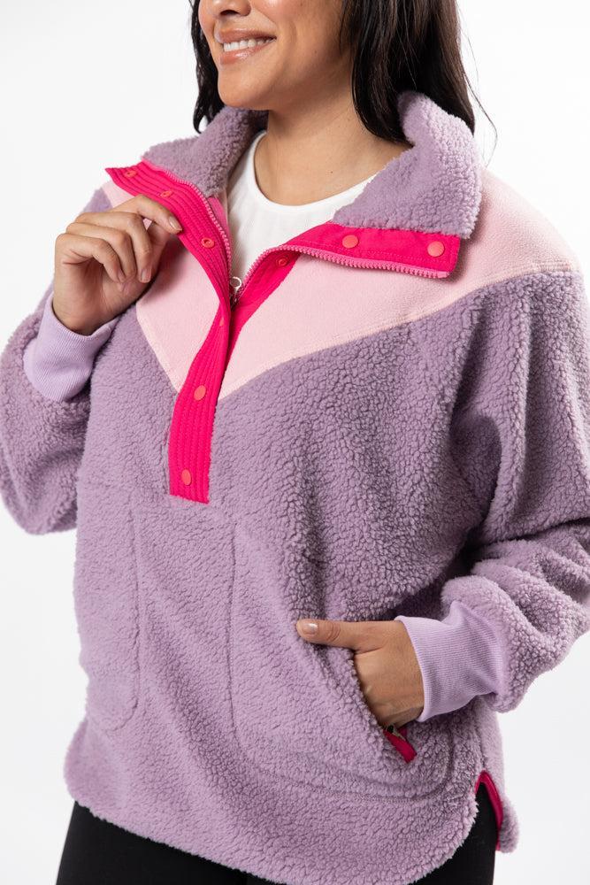 Good Feelings Purple Multi Colorblock Sherpa Pullover FINAL SALE Product Image