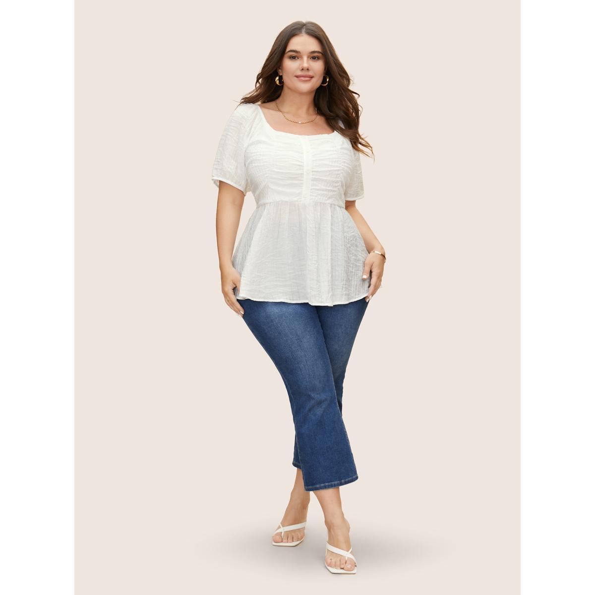 Plus Size Originalwhite Square Neck Shirred Button Detail Lantern Sleeve Blouse Women Elegant Short sleeve Square Neck Everyday Blouses BloomChic 28/5X Product Image