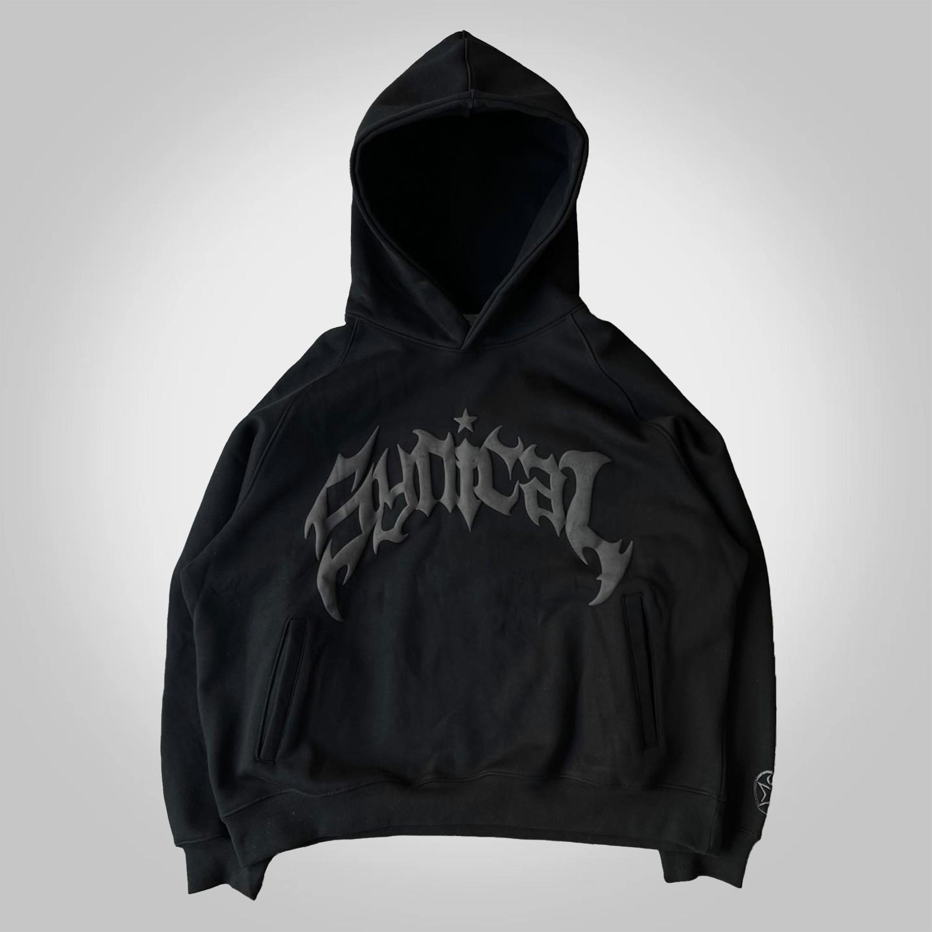 Puff Print Monochrome Pocket Long Sleeves Hoodie Product Image