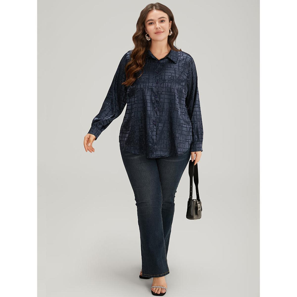 Plus Size Indigo Plisse Satin Button Up Curved Hem Blouse Women Office Long Sleeve Shirt collar Work Blouses BloomChic 12/L Product Image