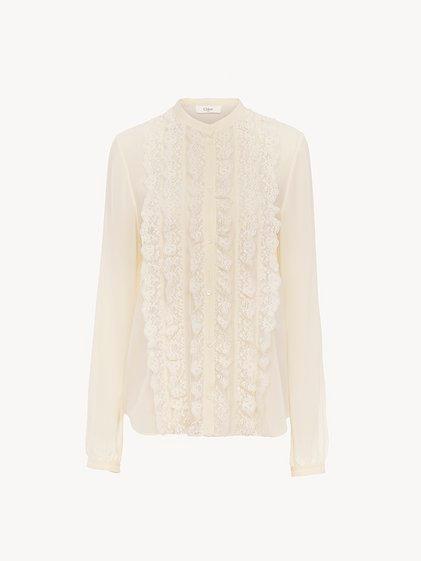 Collarless ruffled blouse in silk georgette Product Image