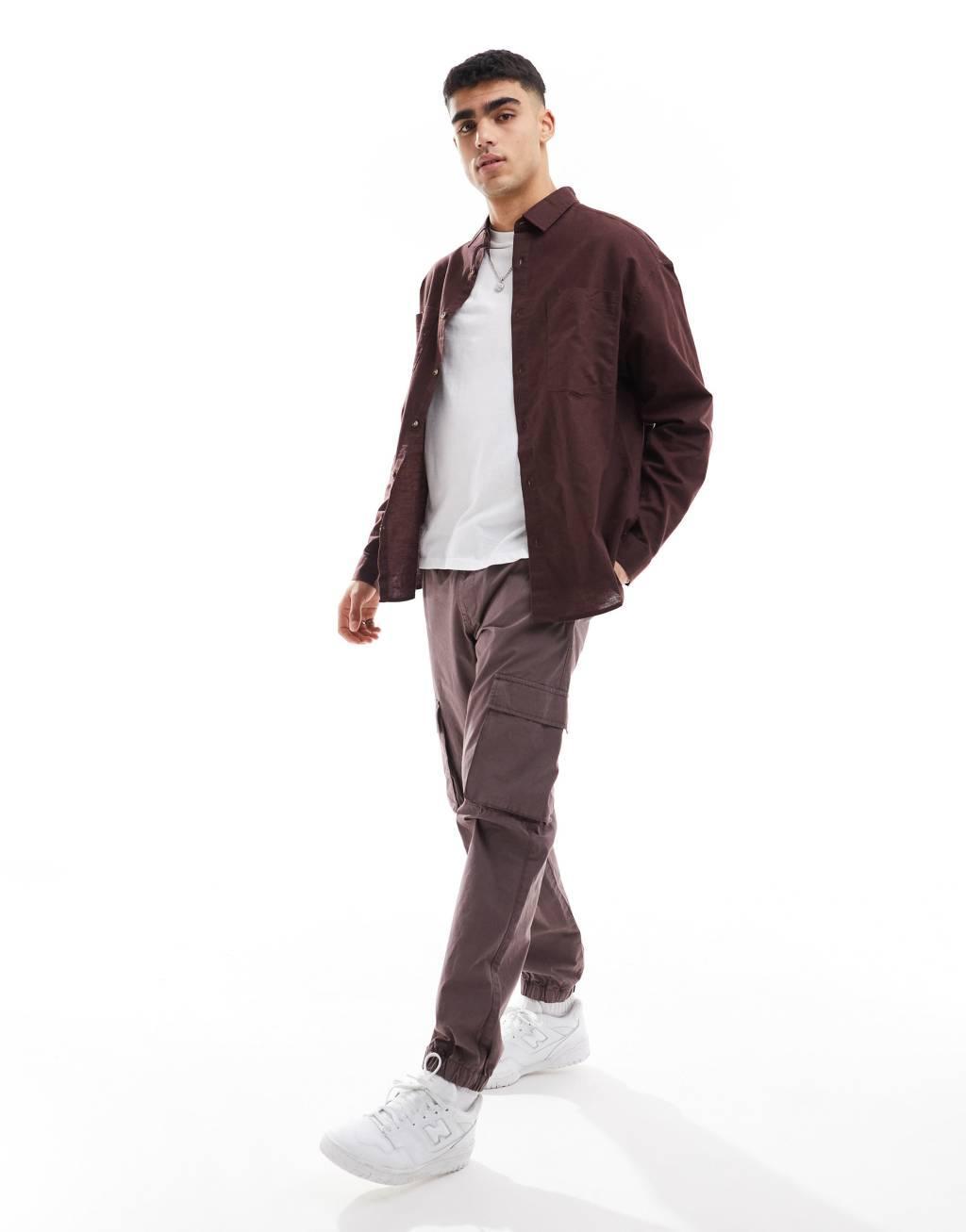 ASOS DESIGN 90s oversized linen blend shirt with square collar in brown Product Image