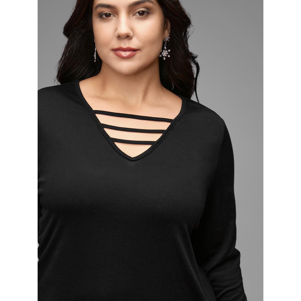 Plus Size V-neck Cut Out Straight Fit Tee Black Women Casual Cut-Out V-neck Everyday T-shirts BloomChic 12/L Product Image