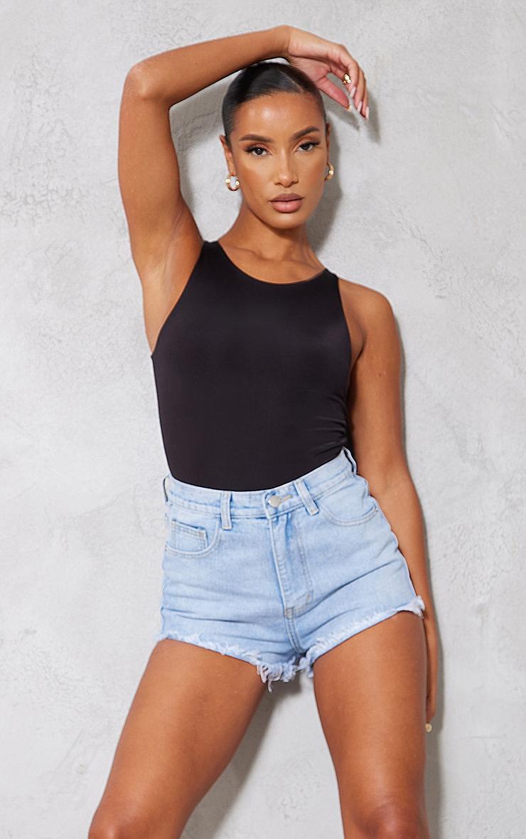 Light Blue Wash Frayed Hem Denim Hot Pants Product Image