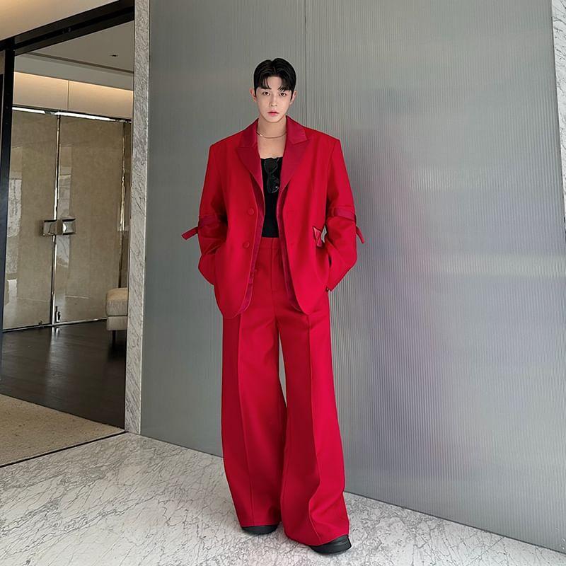 Set: Plain Sing-Breasted Blazer + High Waist Wide Leg Pants Product Image