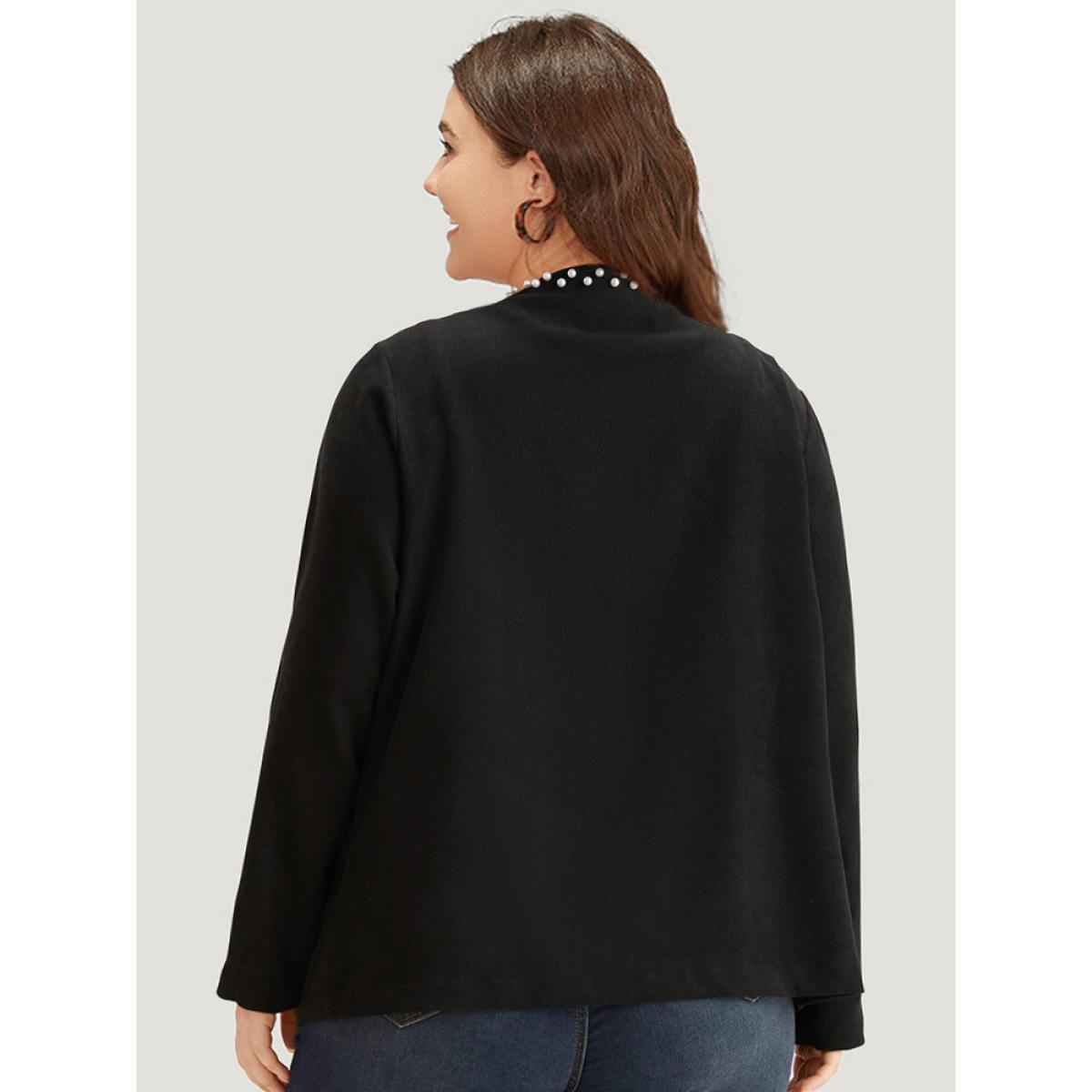 Plus Size Solid Pearl Beaded Detail Open Front Coat Women Black Casual Beaded Ladies Dailywear Winter Coats BloomChic 14-16/1X Product Image