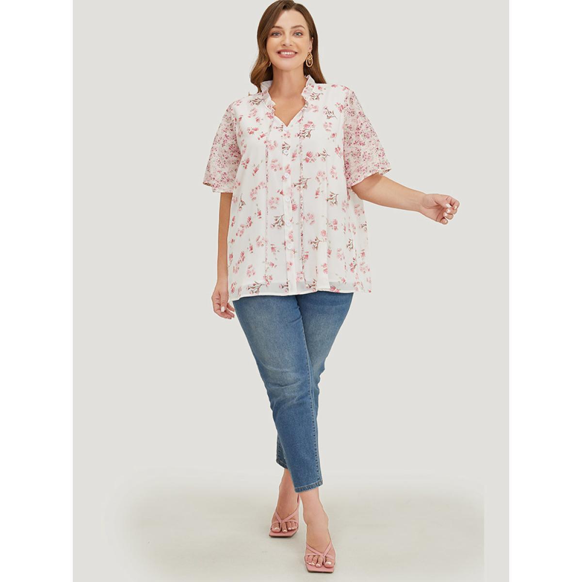 Plus Size Ivory Ditsy Floral Patchwork Frill Trim Tie Neck Blouse Women Elegant Short sleeve Tie Neck Dailywear Blouses BloomChic 30/6X Product Image
