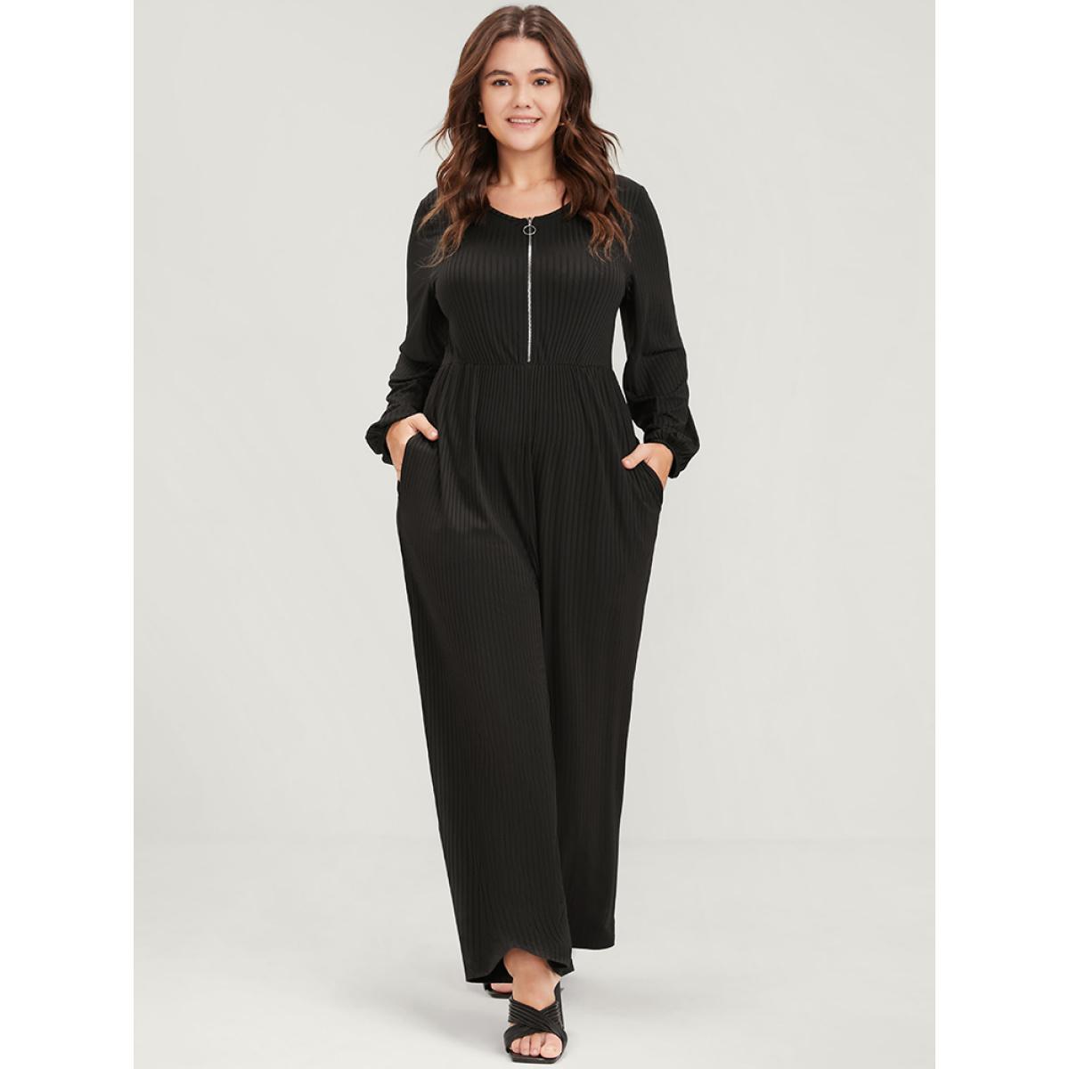 Plus Size Black Plain Zipper Half Lantern Sleeve Pocket Rib Knit Jumpsuit Women Office Long Sleeve Round Neck Work Loose Jumpsuits BloomChic 14-16/1X Product Image
