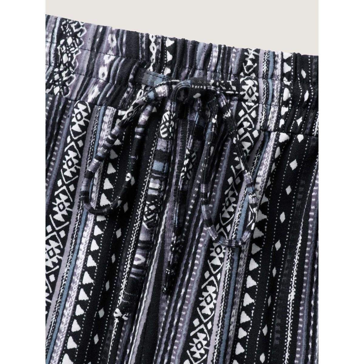 Plus Size Stretchy Boho Stripes Straight-Leg Pants Women Black Casual Straight Leg Mid Rise Everyday-Casual Pants BloomChic 18-20/2X Product Image