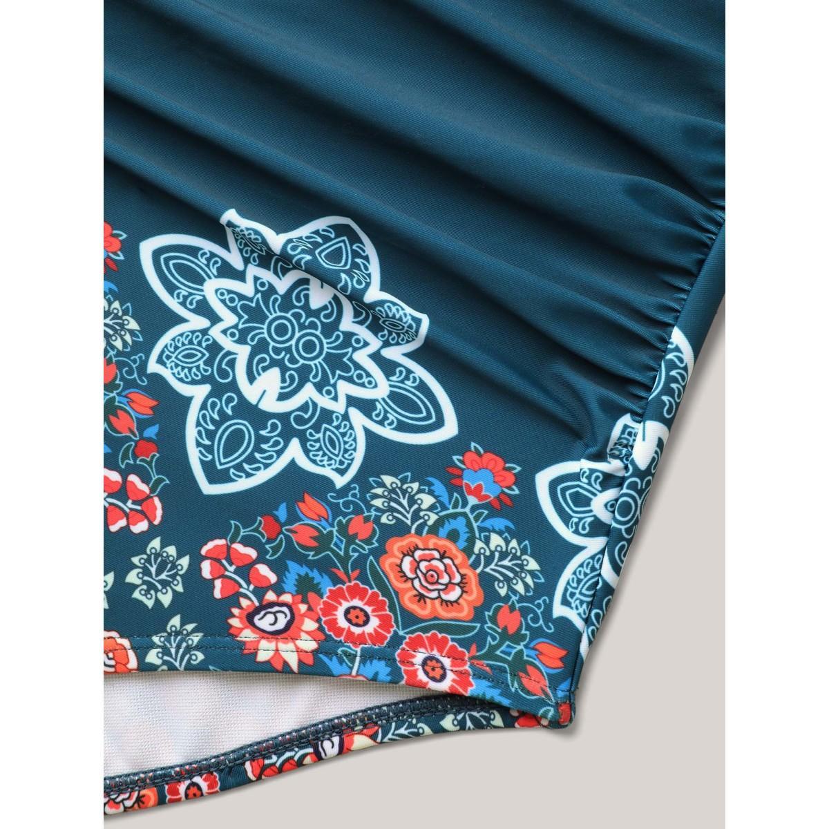 Plus Size Boho Print Ruched One-Piece Swimsuit Women's Swimwear Cyan Beach Gathered Curve Bathing Suits High stretch One Pieces BloomChic 26/4X Product Image